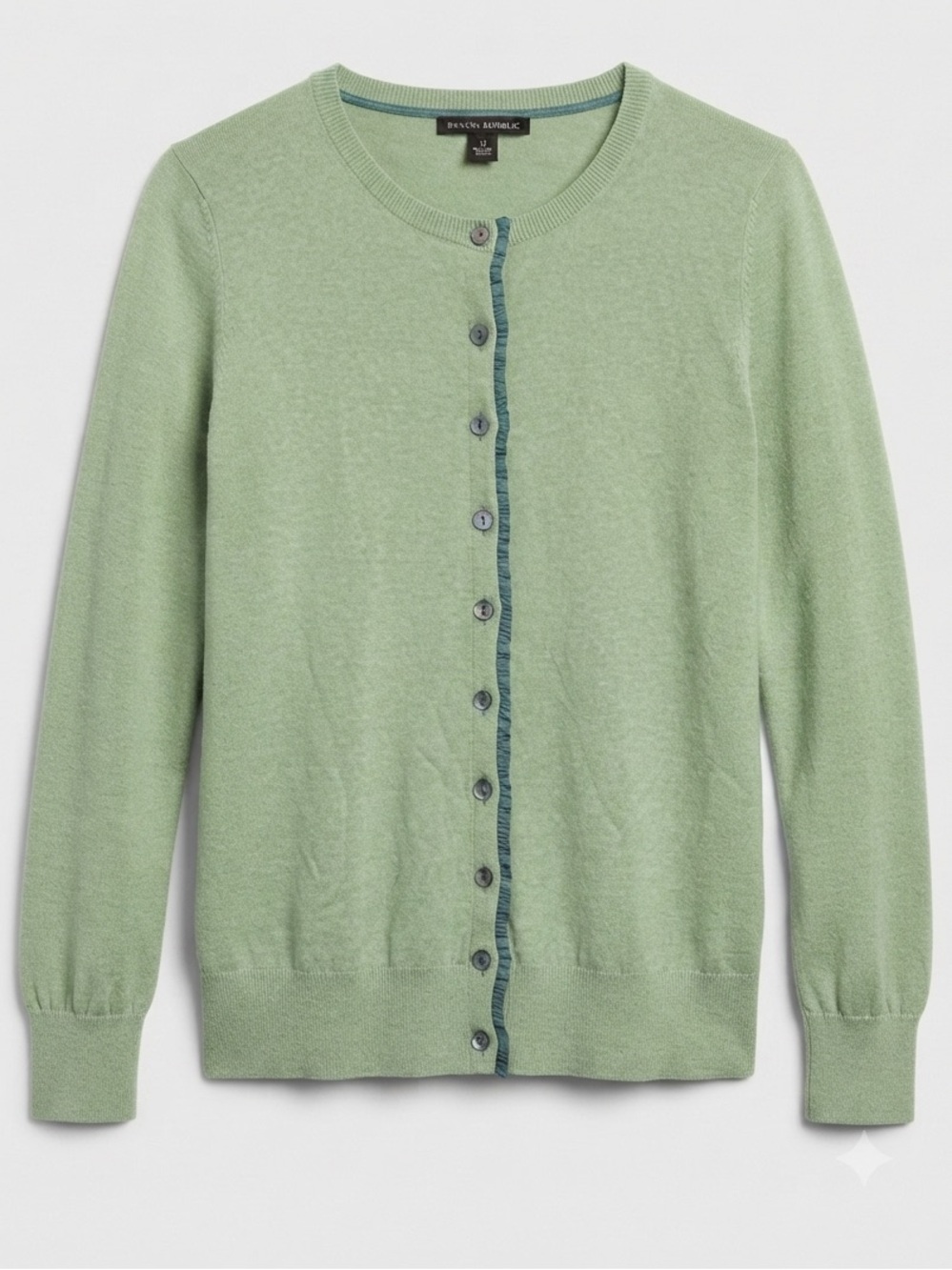 Banana Republic Sage Green Button Front Crewneck Cardigan Ruffle Trim Knit M